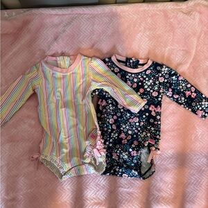 Ruffle Butts 6-12M girls long sleeve swimsuit x2 colorful stripes and navy flora